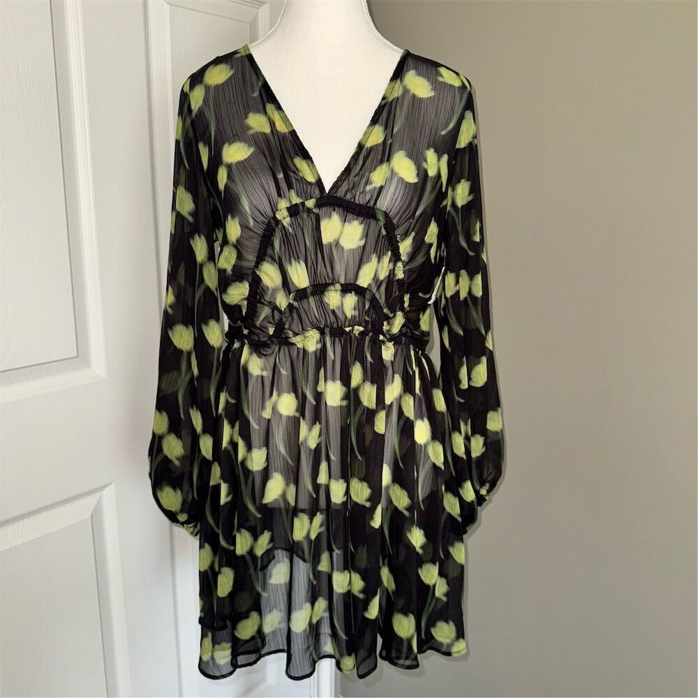 Topshop XS (0-2) Sheer Floral Ruched Long Sleeve Mini Dress Green/Black *No Slip